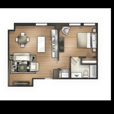 Floor plan for 1 bed, 1 bath, 651 sqft